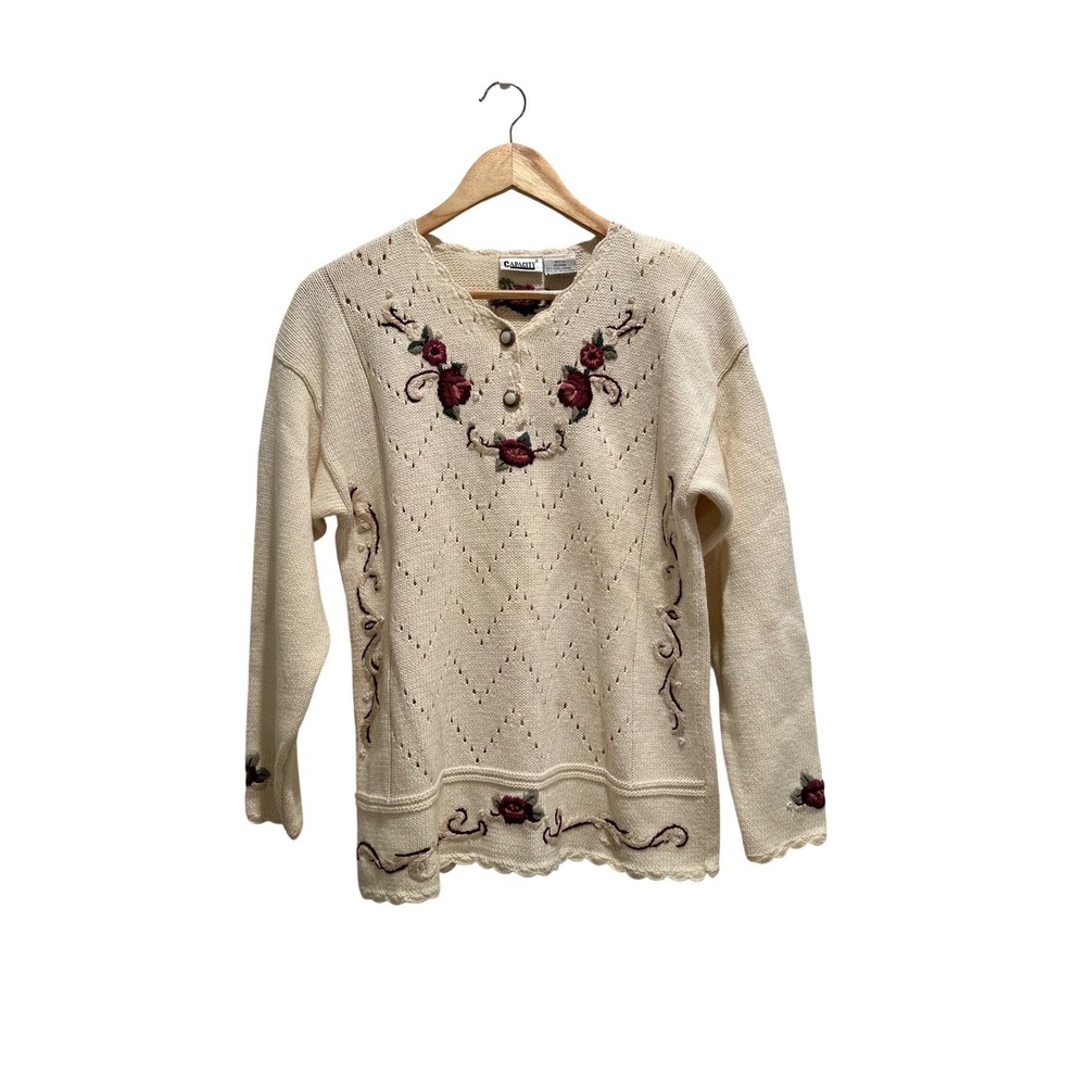 Vintage Y2K Capacity Floral Embroidered Sweater Medium Cottagecore Knit